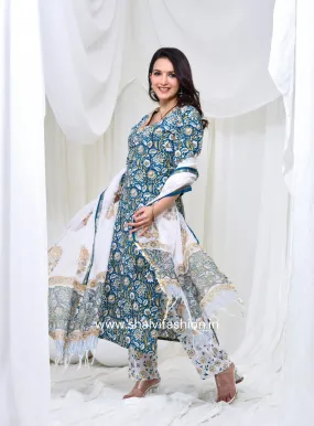 Bahar Hand Block Print Cotton Suit Set with Kota Doria Dupatta (CSS144KD)