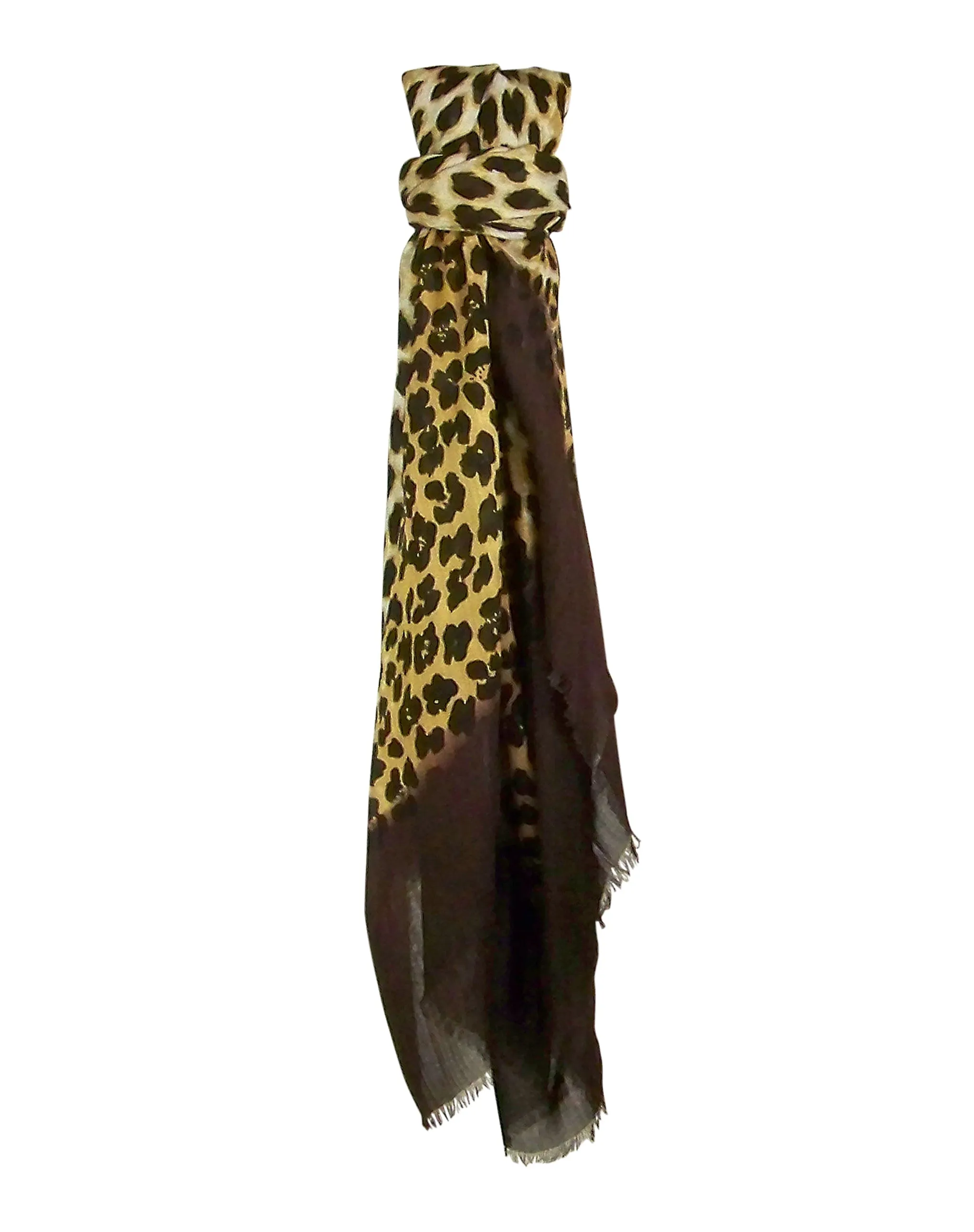 Blue Pacific Animal Print Dip Cashmere and Silk Scarf in Coffee and Tan