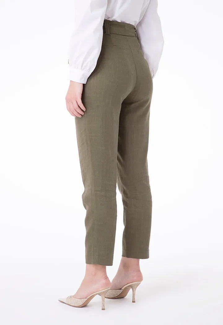 Buckle Belted Linen Trouser