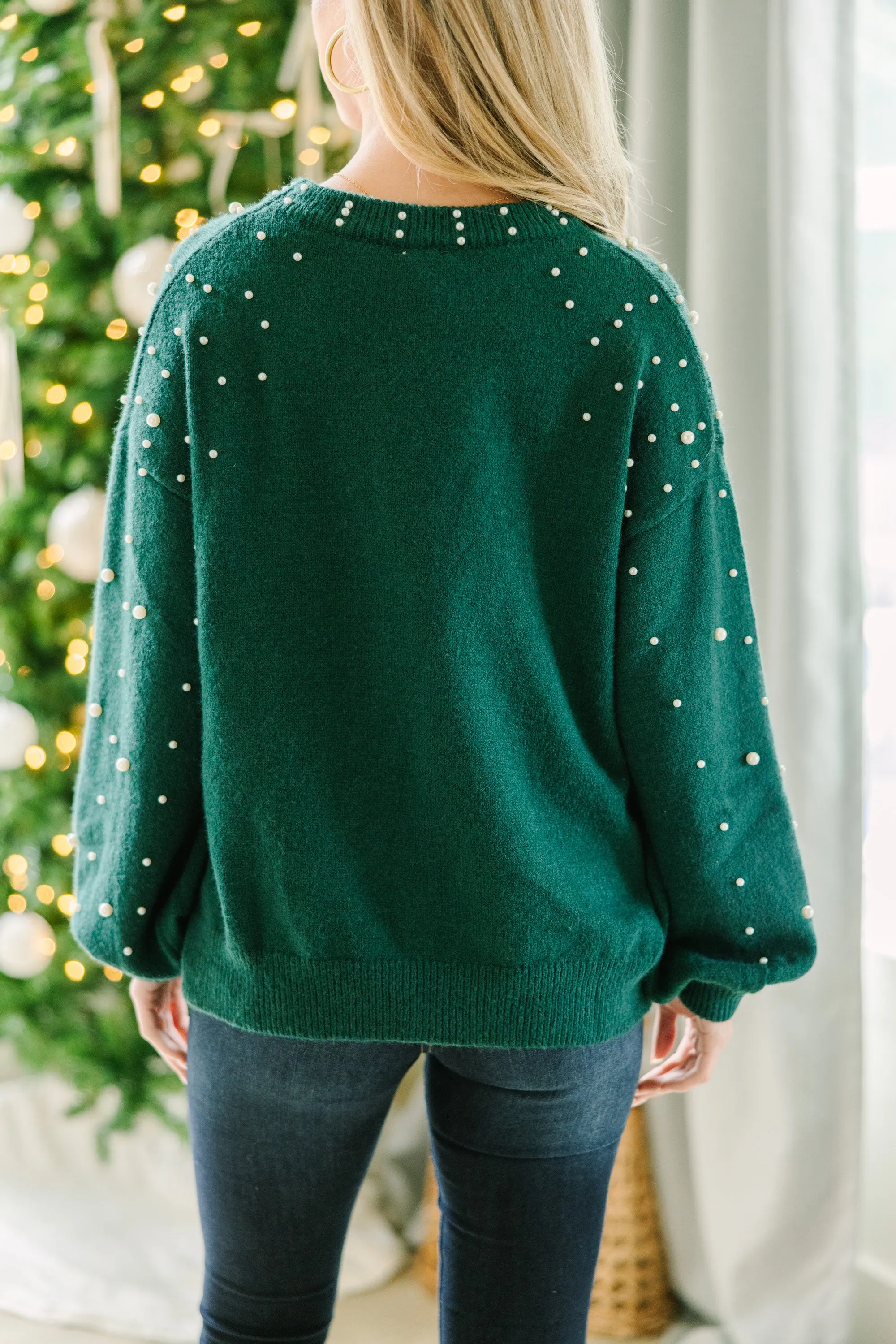 Can't Help But Love Emerald Green Pearl Studded Sweater