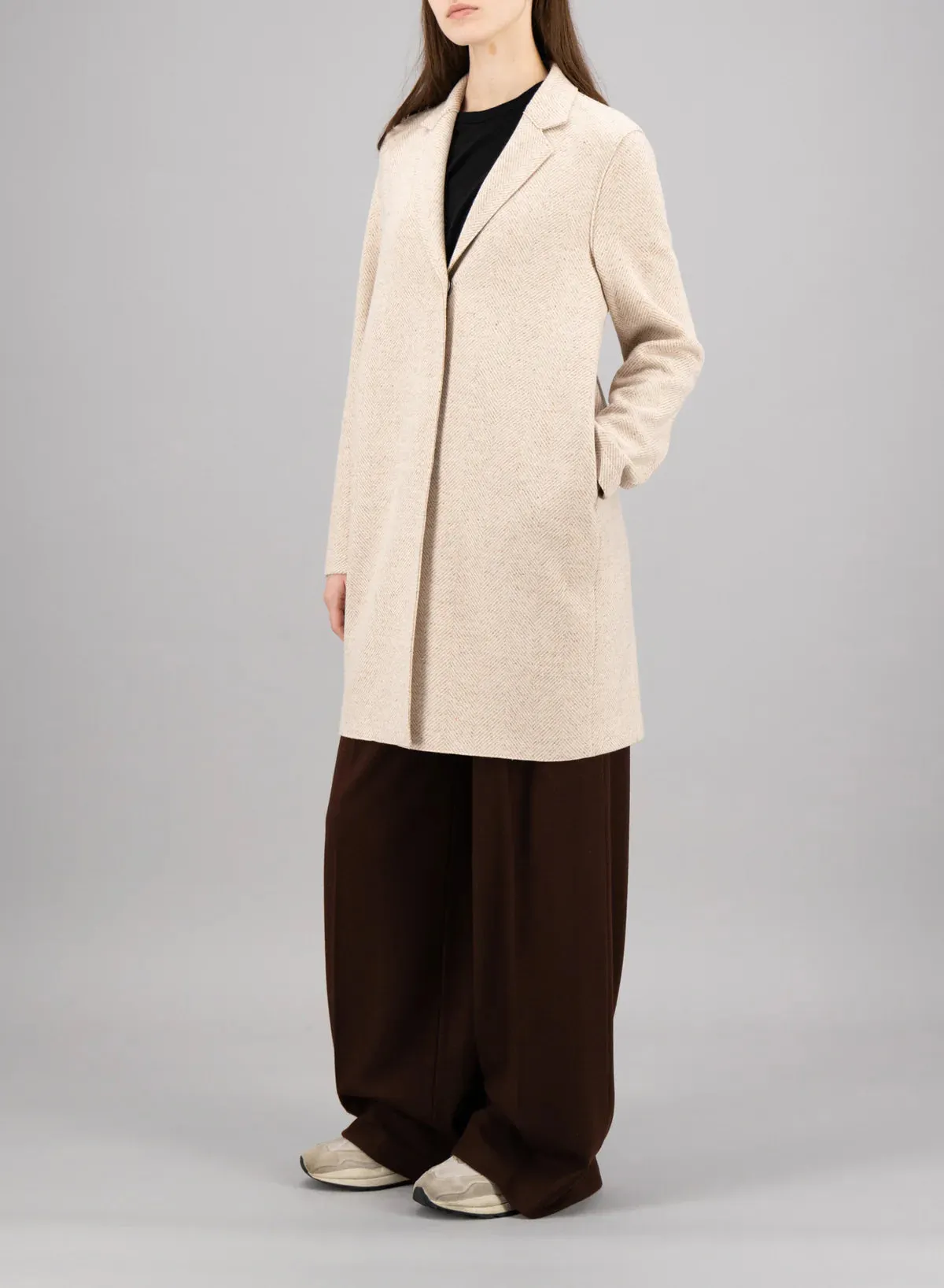 Cocoon Coat Patterned Cashmere - Cream Herringbone