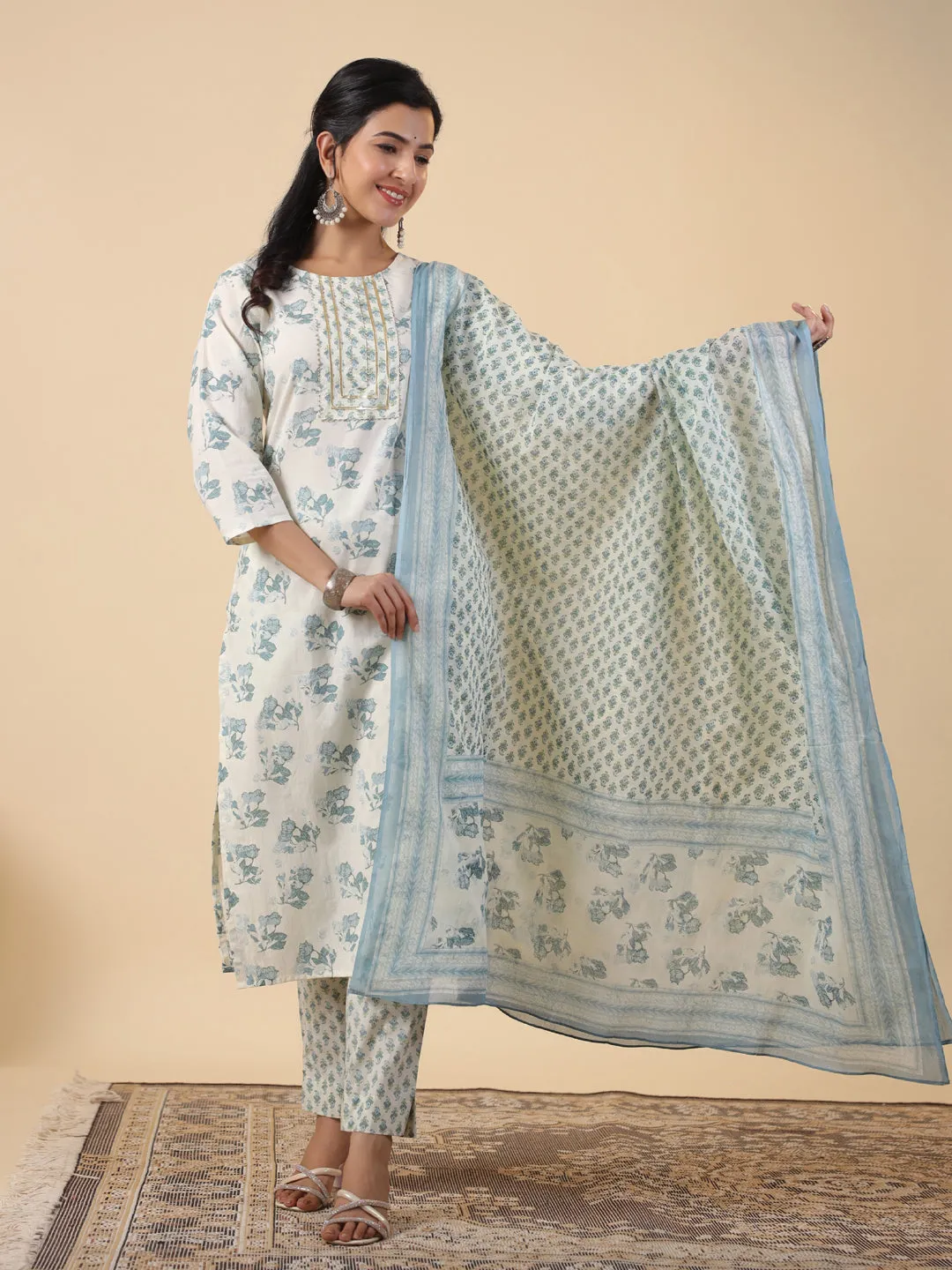 Cream Cotton Floral Printed Straight Kurta Set