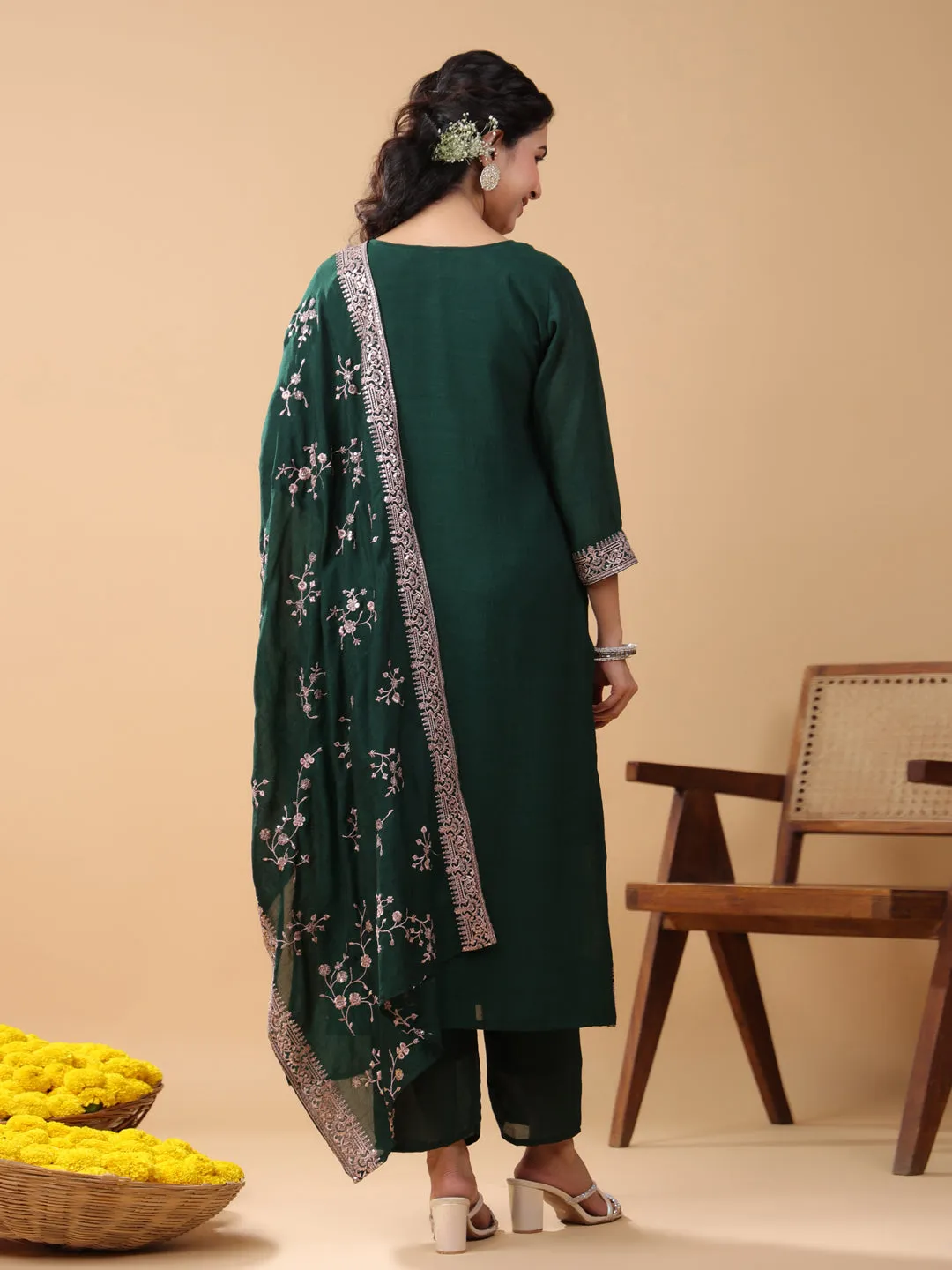 Dark Green Silk Blend Embroidered Kurta Pant Set