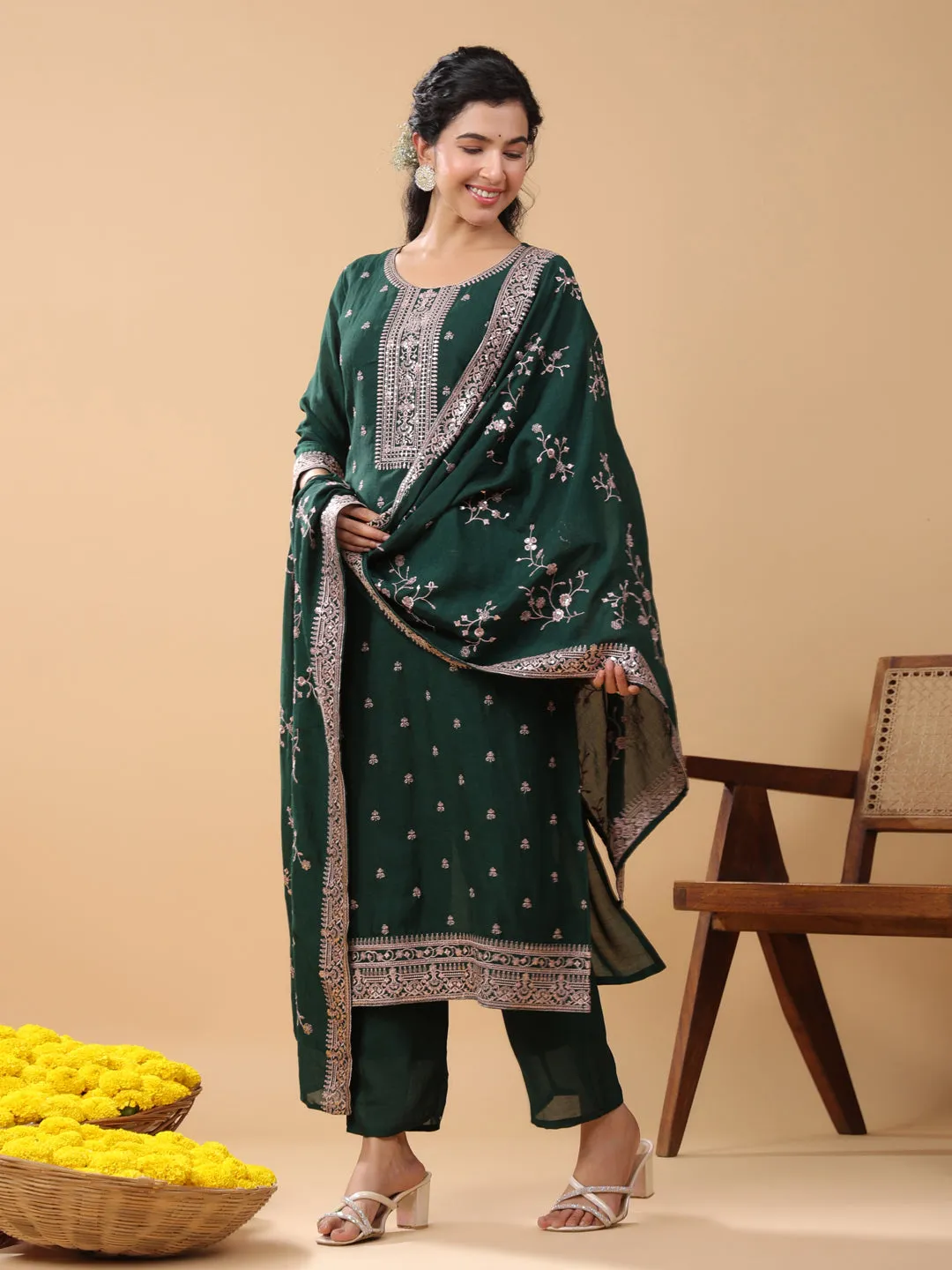 Dark Green Silk Blend Embroidered Kurta Pant Set