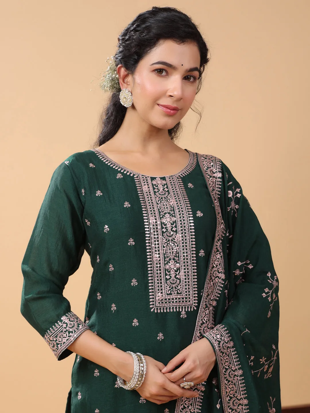 Dark Green Silk Blend Embroidered Kurta Pant Set