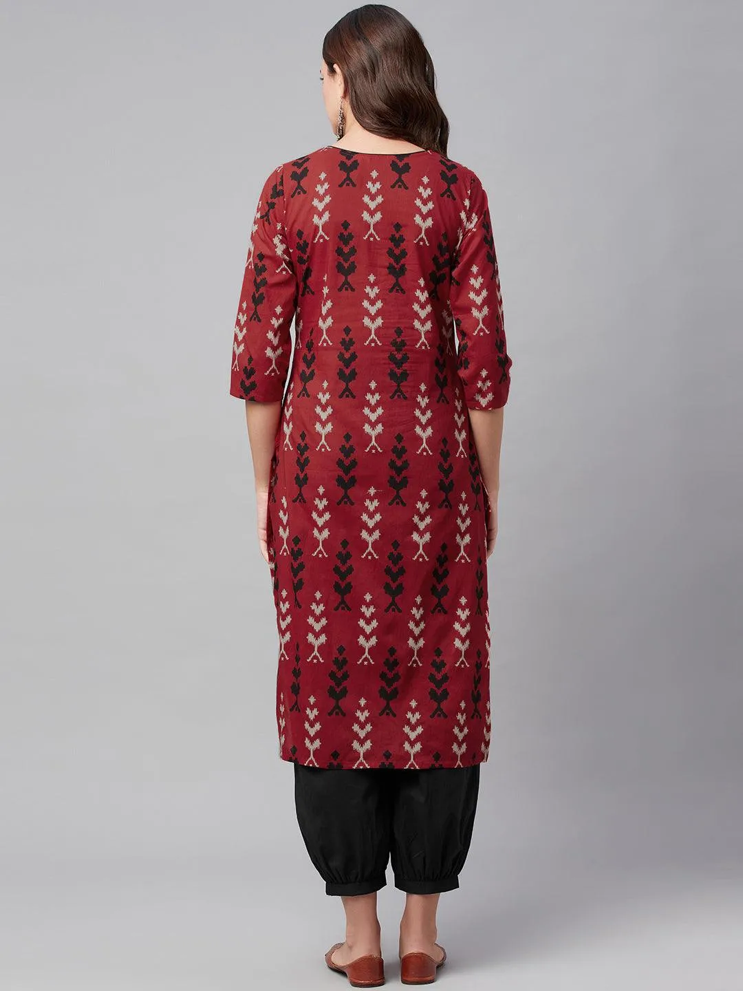 Divena Maroon Cotton Straight Kurta Hem Cuffed Pant set