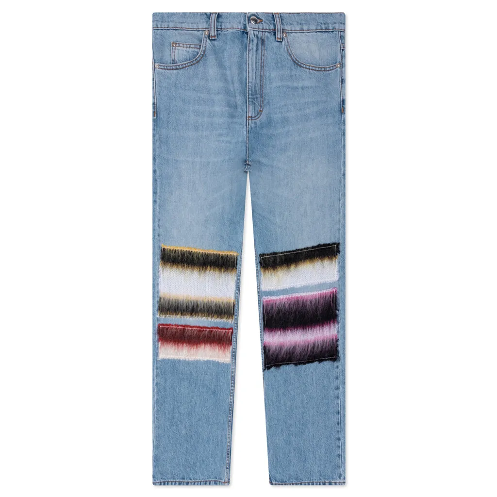 Embroidered Striped Patch Denim Pant - Iris Blue