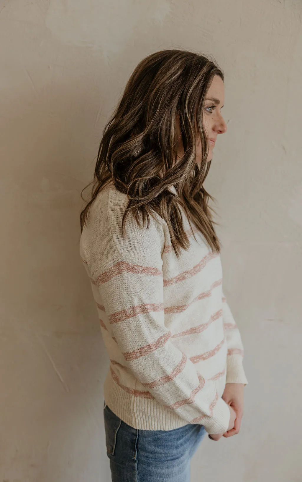 ESTELLA TEXTURED CREAM AND PINK STRIPED SWEATER