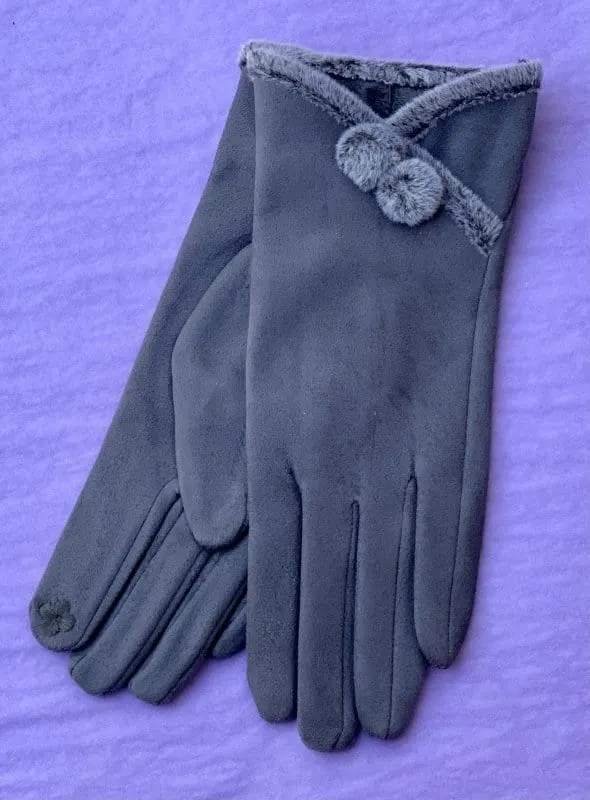 Faux Suede Gloves With Faux Fur Edging - Grey