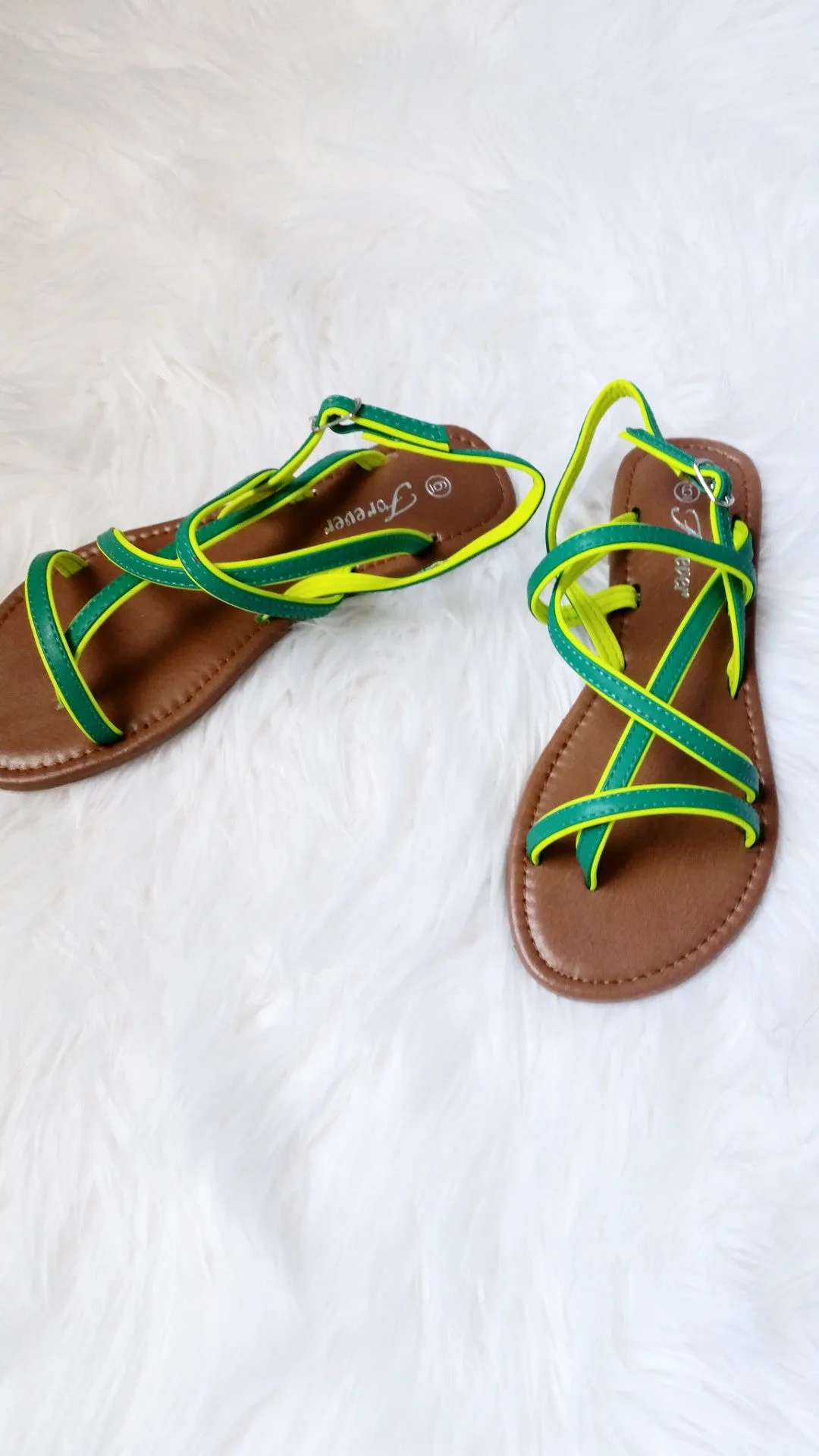 GREEN CONTRAST STRAPPY SANDALS