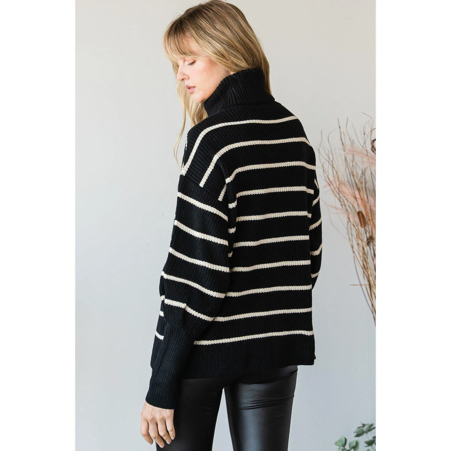 Heavy Knit Striped Turtle Neck Knit Sweater