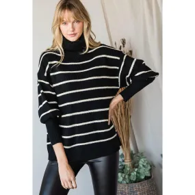 Heavy Knit Striped Turtle Neck Knit Sweater