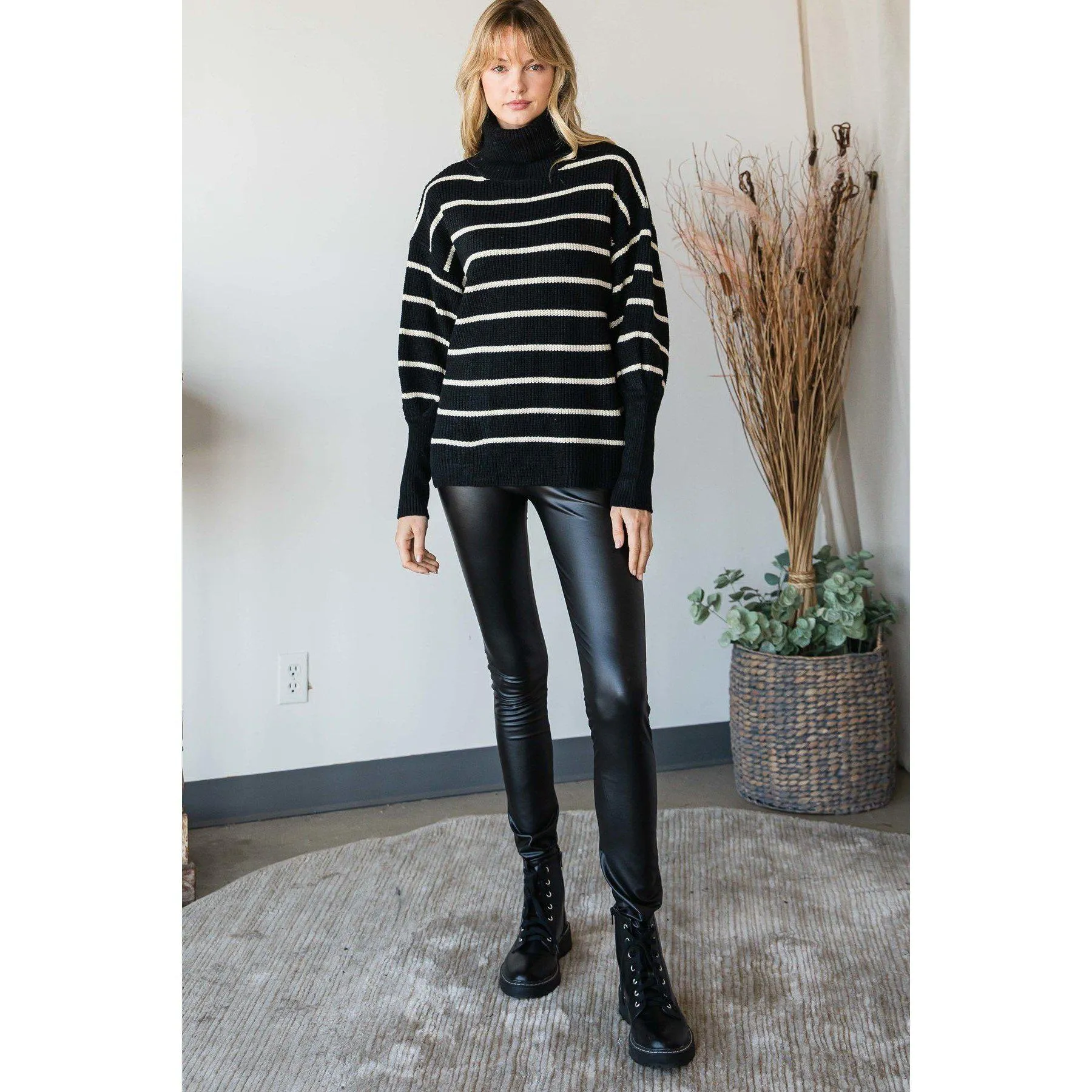 Heavy Knit Striped Turtle Neck Knit Sweater