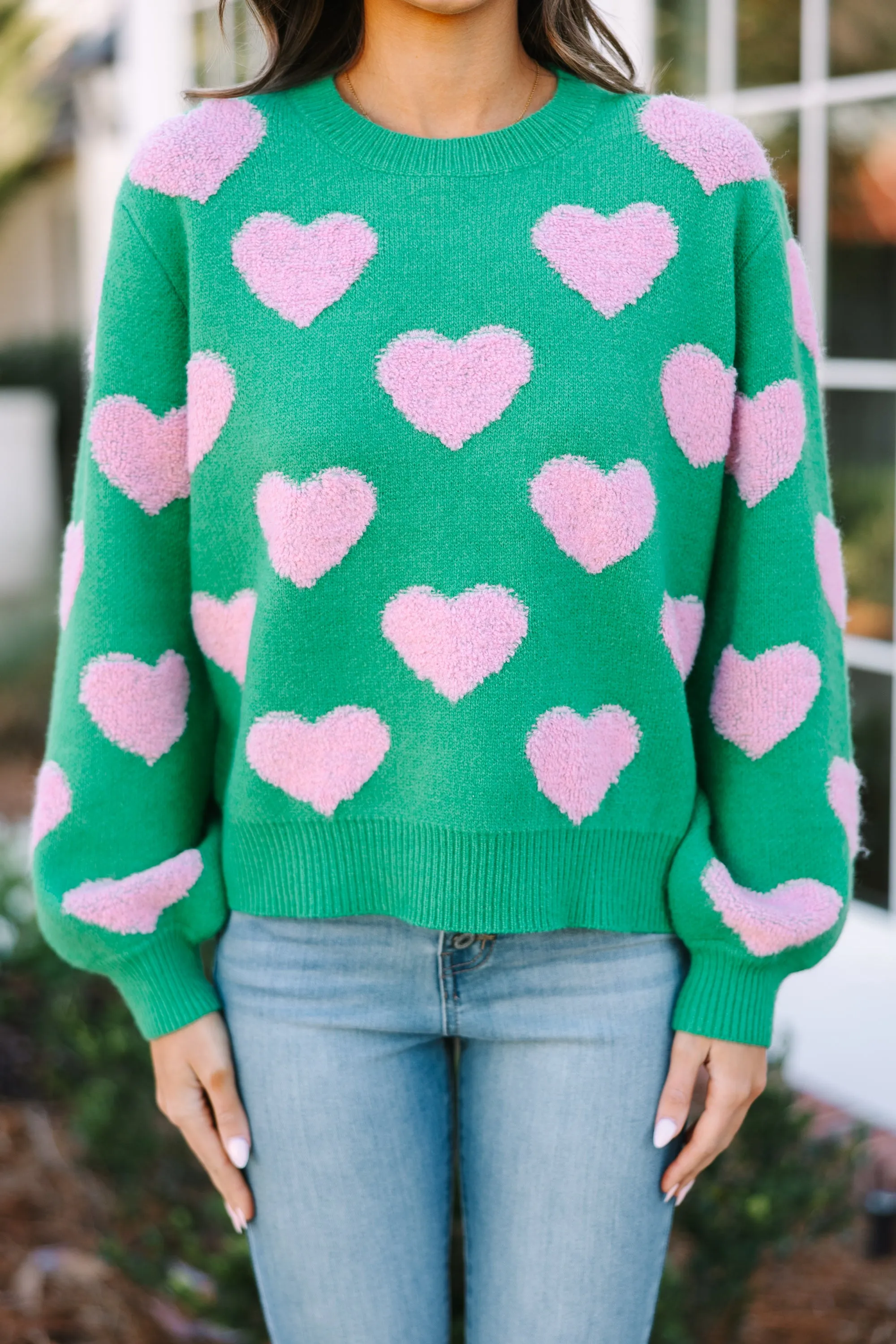 I'll Be there Green Fuzzy Heart Sweater