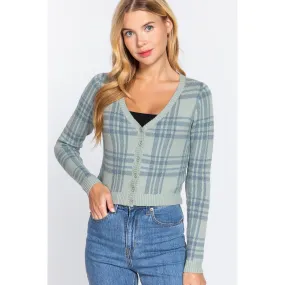 Long Sleeve V-neck Fitted Button Down Plaid Sweater Cardigan