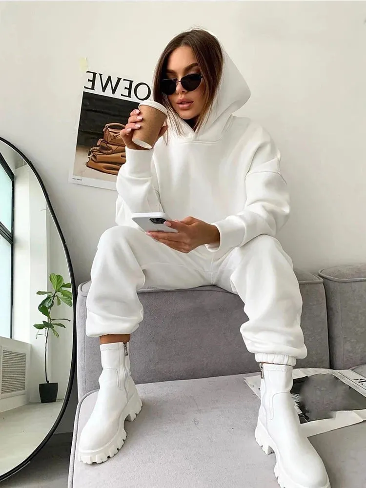 LVSANW 2024 autumn new women's leisure suit solid color long sleeved loose hoodie sports trouser Female winter fashion two piece set