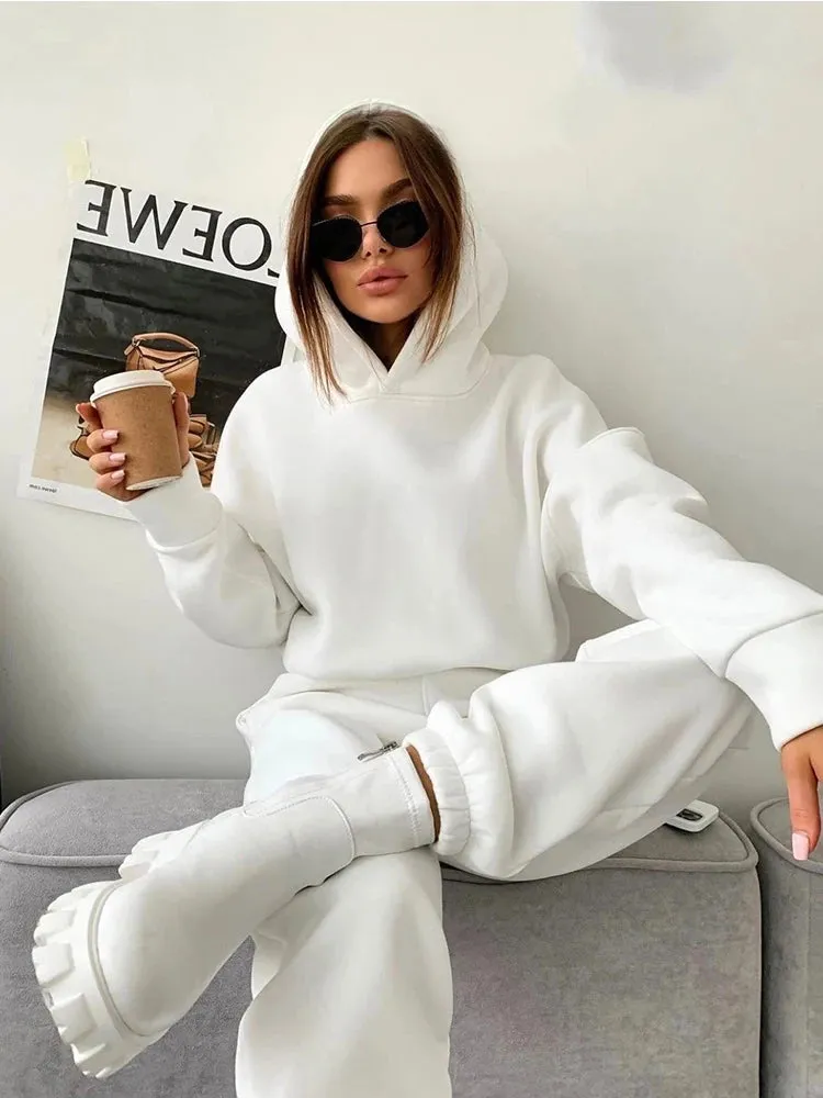 LVSANW 2024 autumn new women's leisure suit solid color long sleeved loose hoodie sports trouser Female winter fashion two piece set