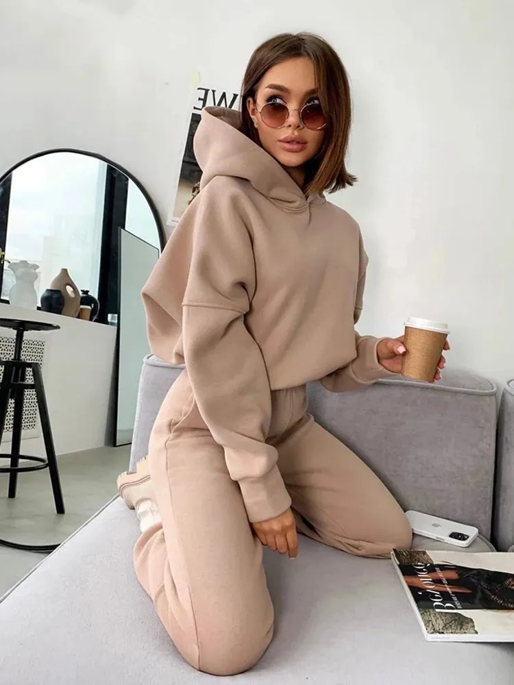 LVSANW 2024 autumn new women's leisure suit solid color long sleeved loose hoodie sports trouser Female winter fashion two piece set