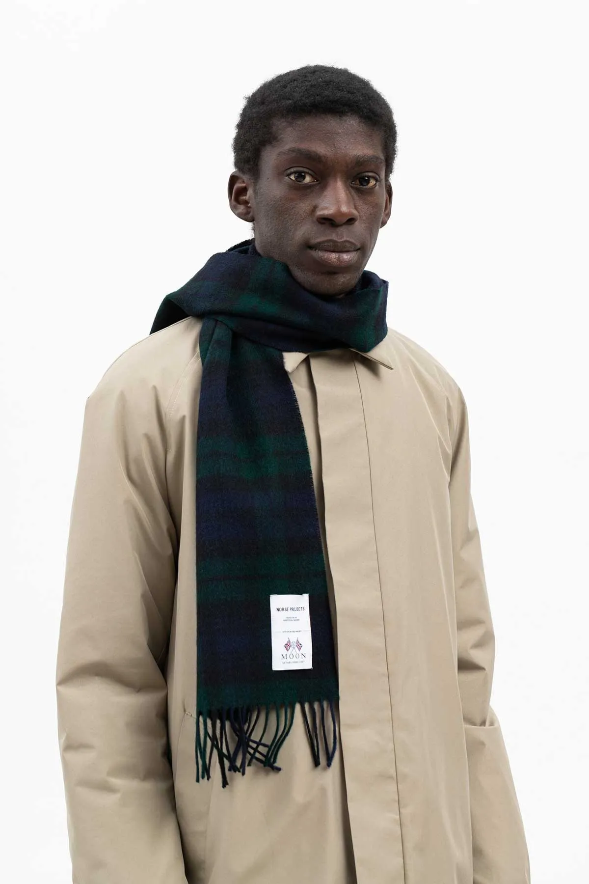 Norse Projects Moon Checked Lambswool Scarf in Black Watch Check