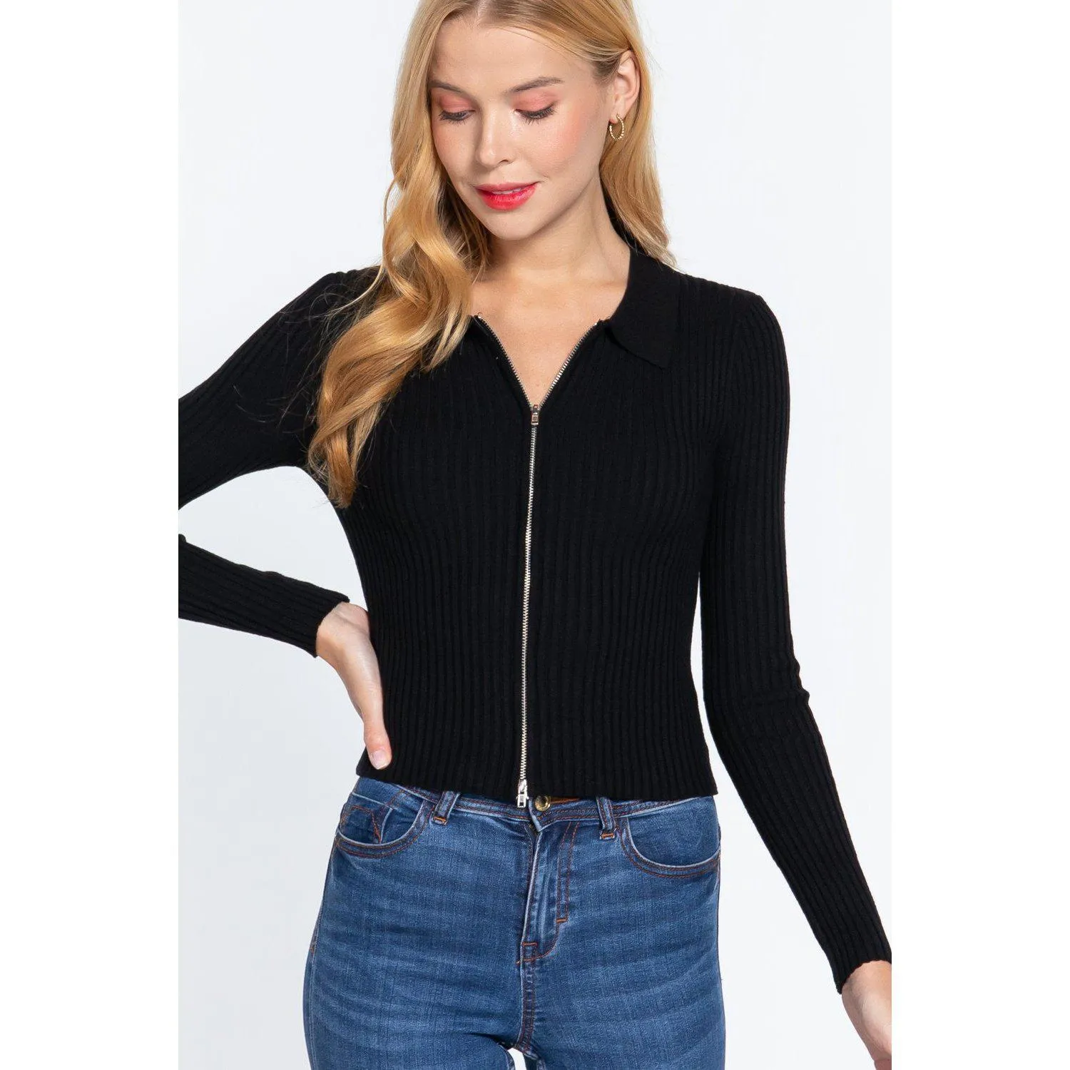 Notched Collar Zippered Sweater