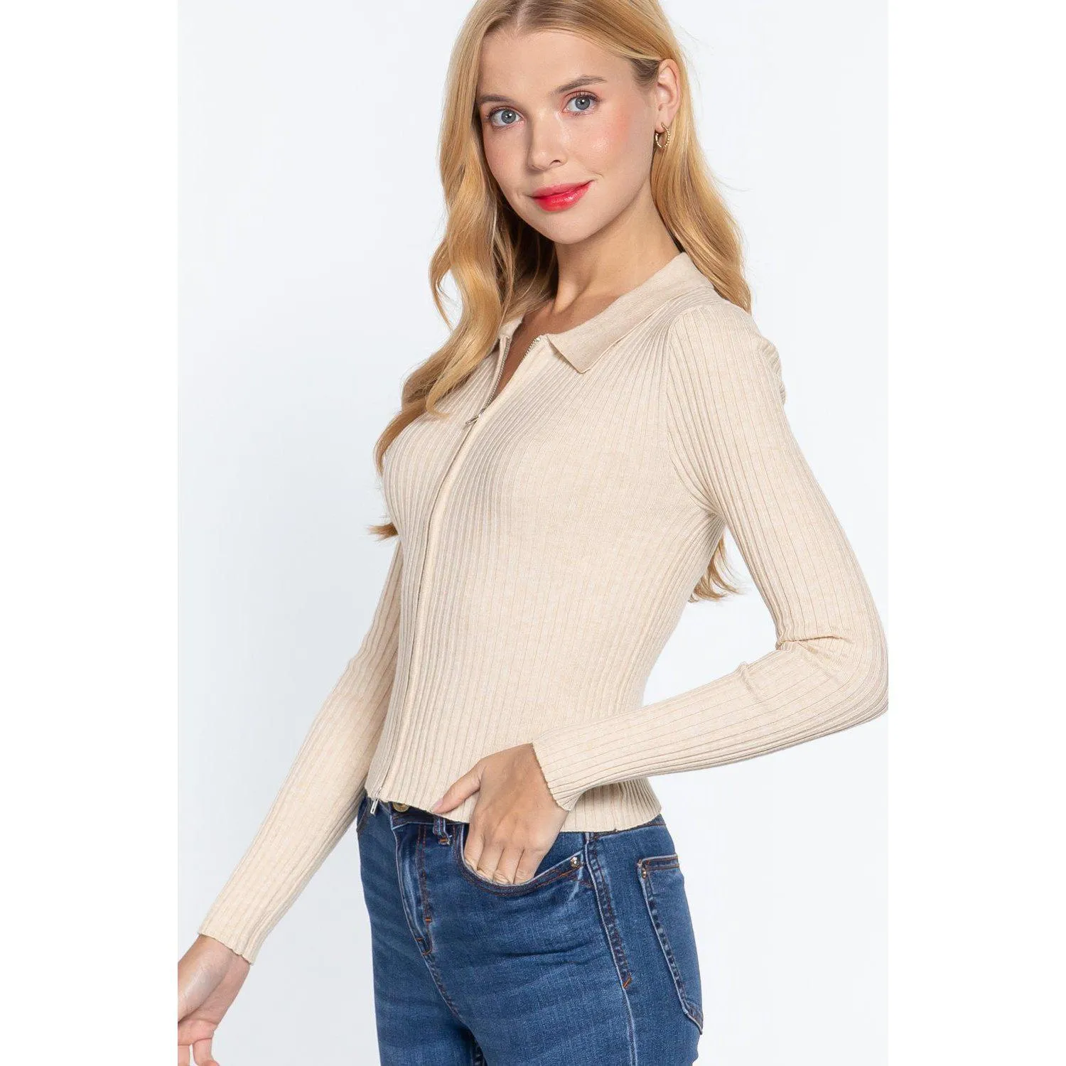 Notched Collar Zippered Sweater