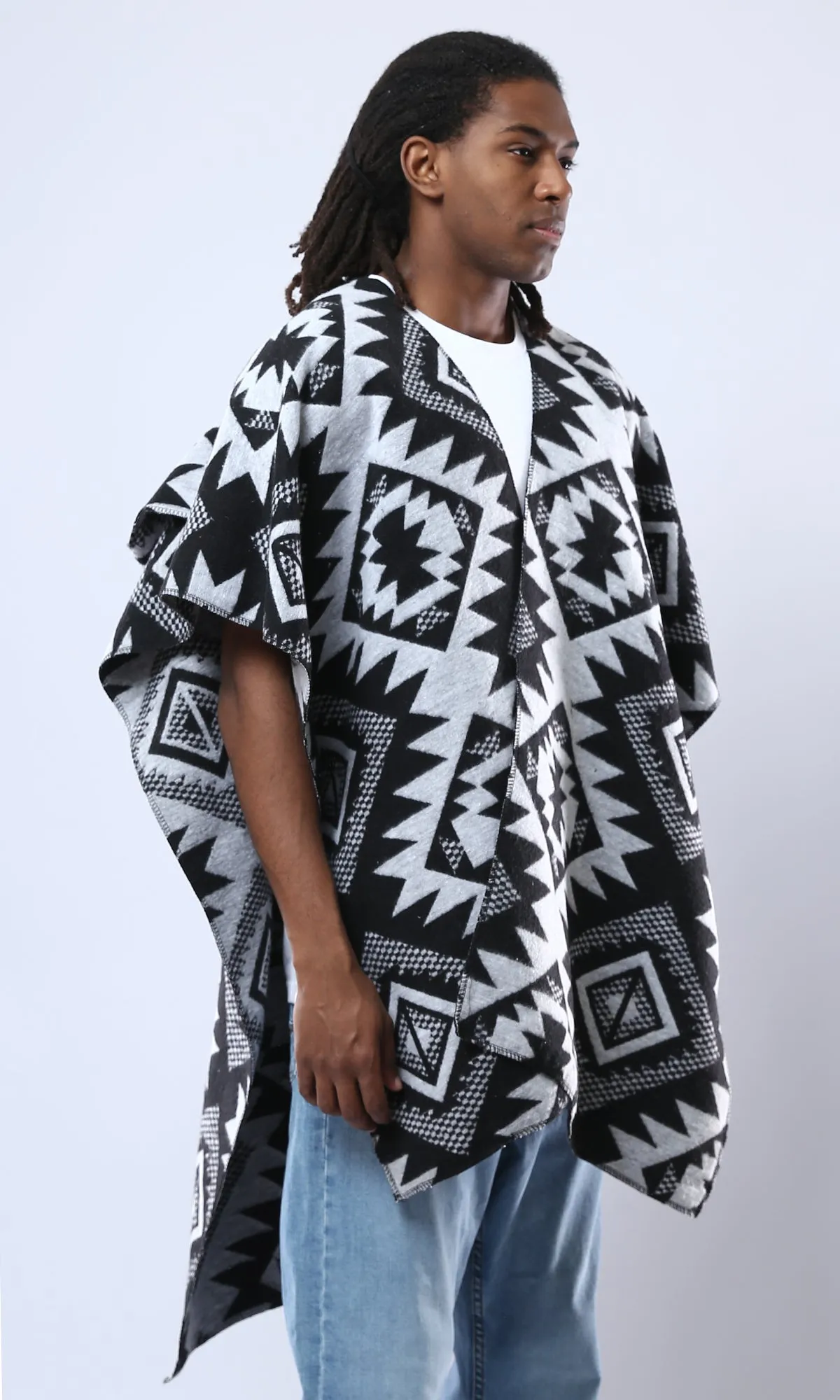 O178414 Geometric Grey & Black Slip On Hooded Shawl