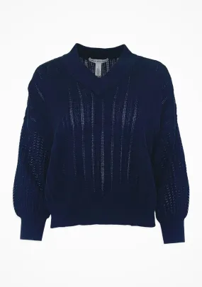 OVERSIZED MIXED POINTELLE V-NECK SWEATER (NAVY) - AUTUMN CASHMERE