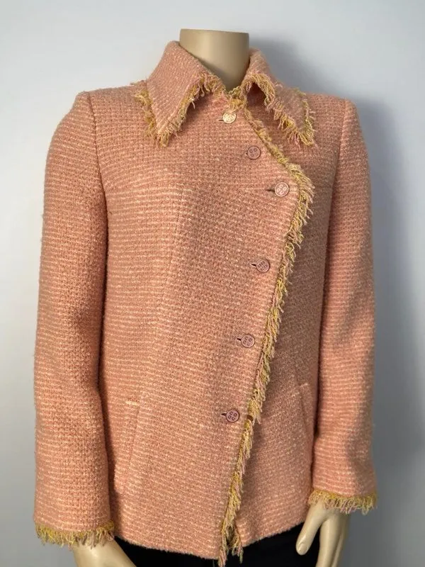 Vintage Chanel 01A, 2001 Fall tweed pink with light yellow Jacket FR 44/46